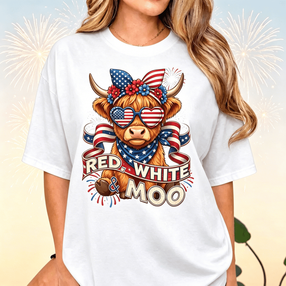 Red White & Moo Highland Cow T-Shirt, 4th of July Patriotic Graphic Tee, Cute American Flag Cow Shirt, Independence Day Fireworks Short Sleeve Top