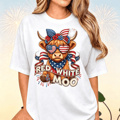 Red White & Moo Highland Cow T-Shirt, 4th of July Patriotic Graphic Tee, Cute American Flag Cow Shirt, Independence Day Fireworks Short Sleeve Top
