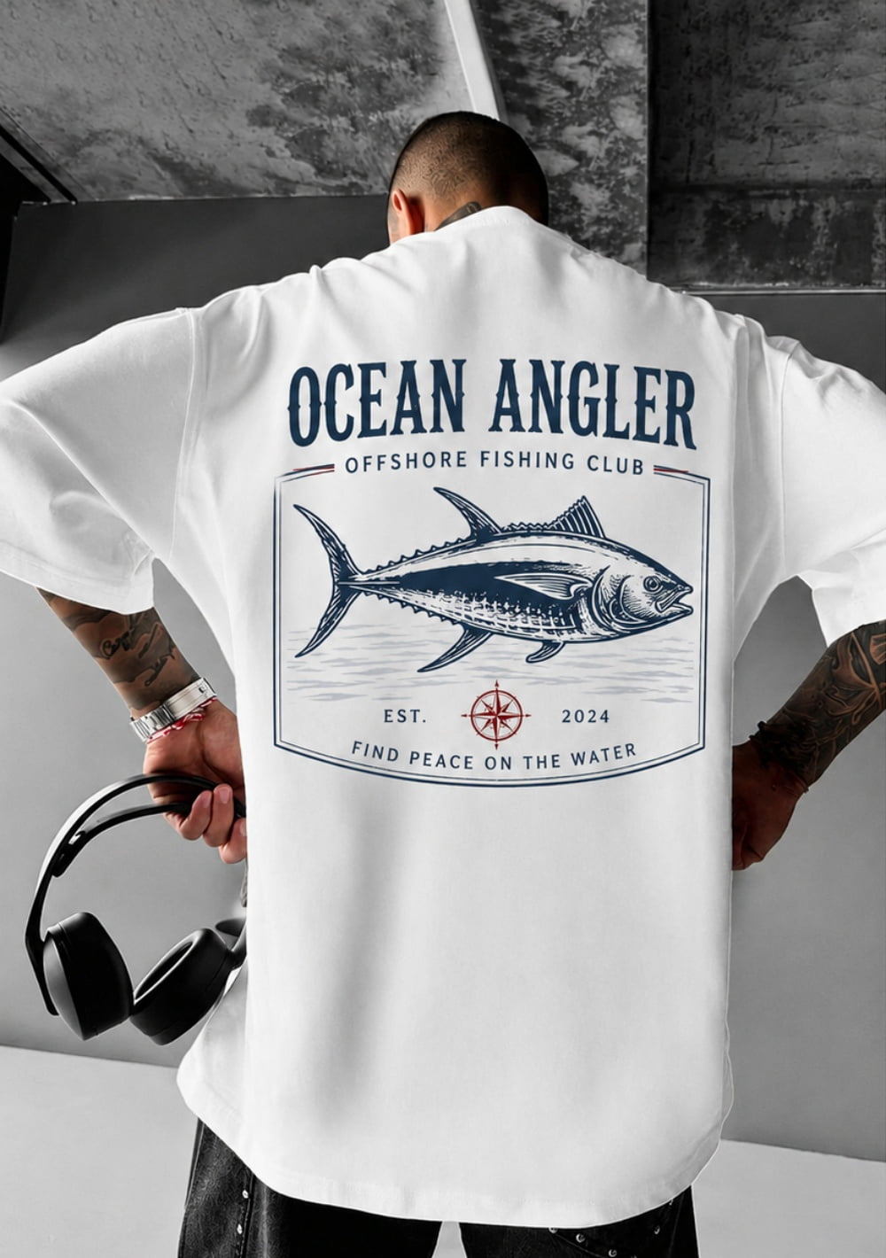 Red & White Salty Crew Graphic T-Shirt, Men's Casual Loose Fit Short Sleeve Summer Style