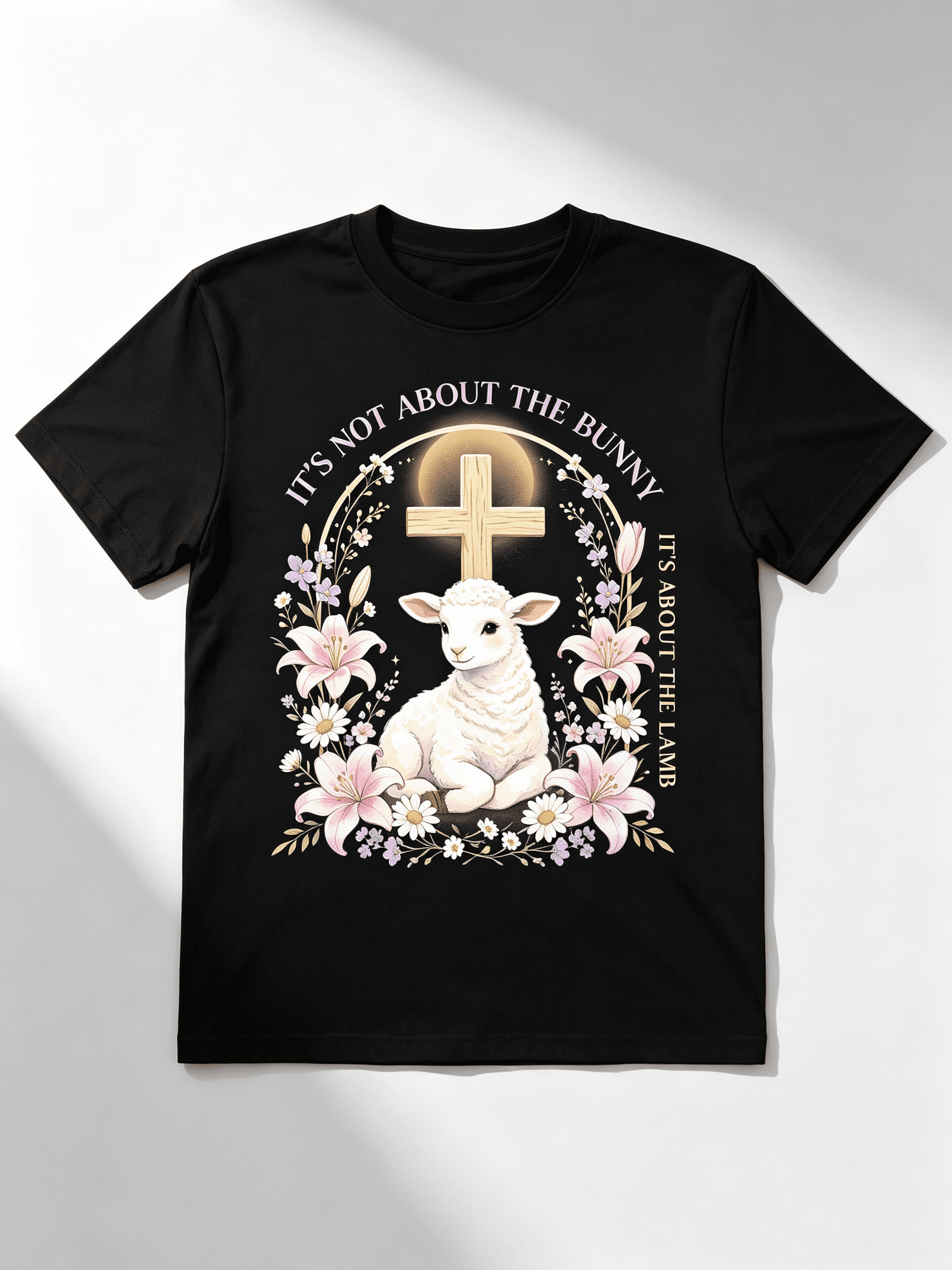 Religious Easter Lamb Cross Lily Flower Faith Unisex Graphic Tee