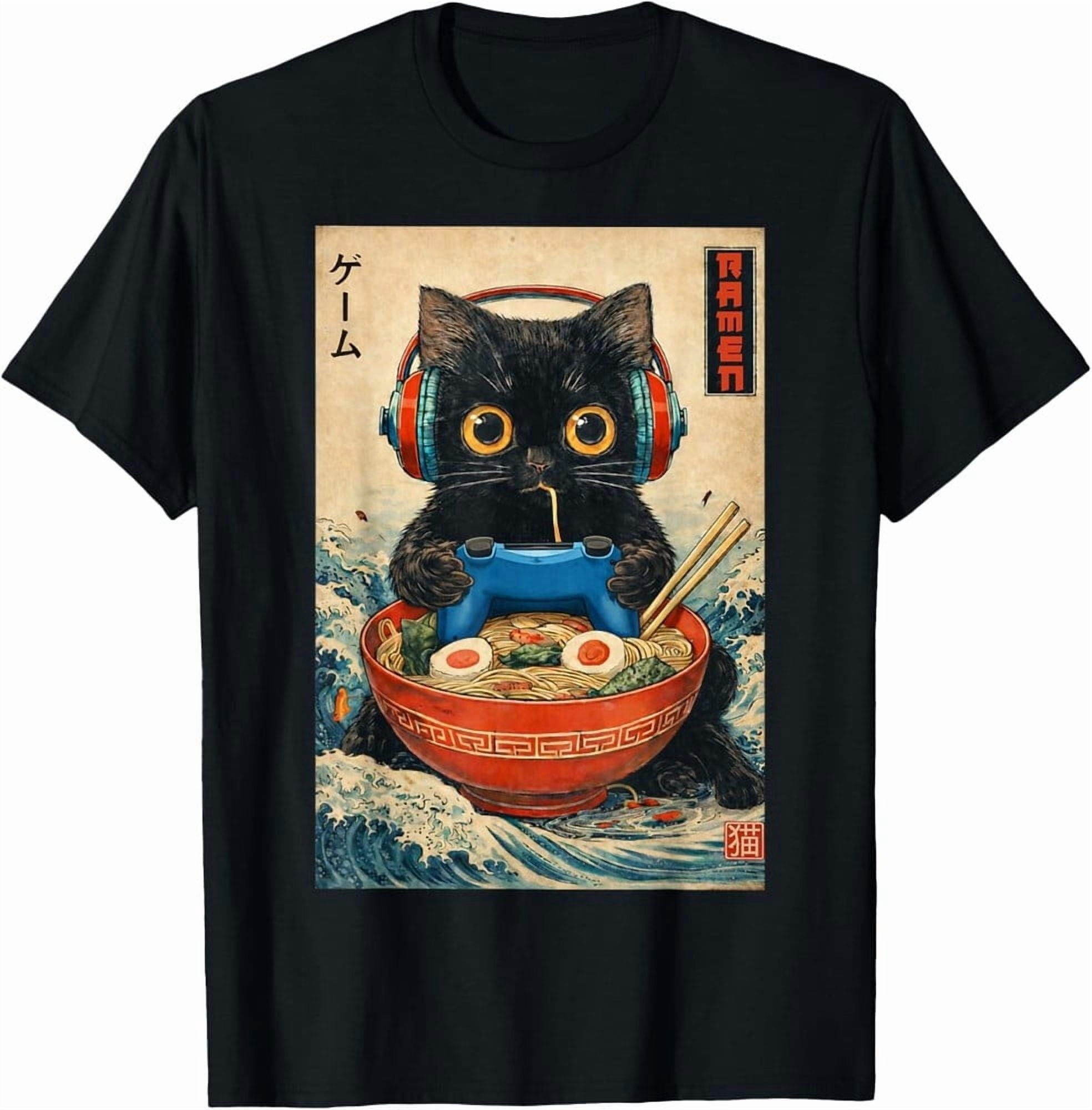 Retro Cat Ramen Japanese Funny Graphic Tees Kawaii Cat Unisex T-Shirt-100% Cotton
