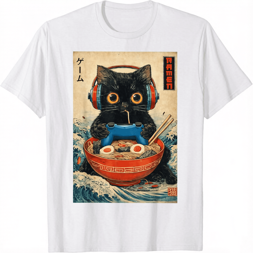 Retro Cat Ramen Japanese Funny Graphic Tees Kawaii Cat Unisex T-Shirt-100% Cotton