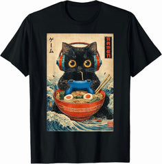 Retro Cat Ramen Japanese Funny Graphic Tees Kawaii Cat Unisex T-Shirt-100% Cotton