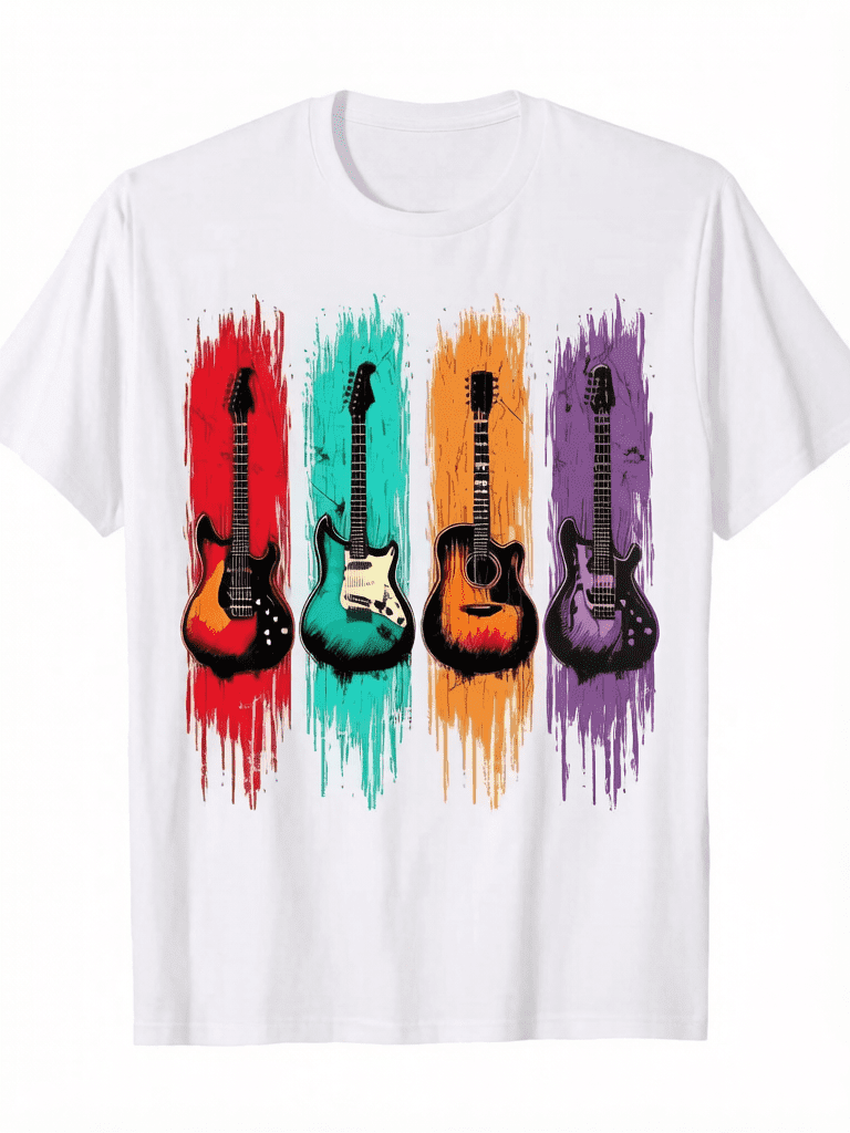 Retro Music Tee - 100% Cotton T-Shirt with Vintage Guitar & Graphics