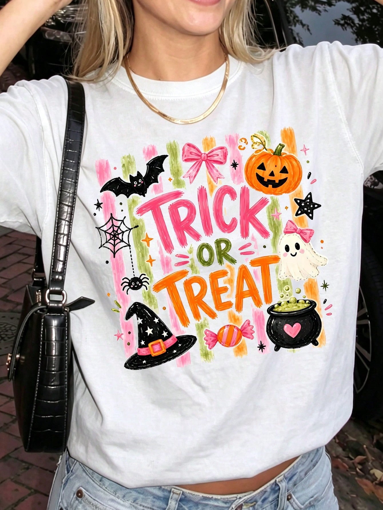 Retro Pink Halloween Trick Or Treat Graphic Tee Coquette Aesthetic Short Sleeve Varsity Style Top For Women