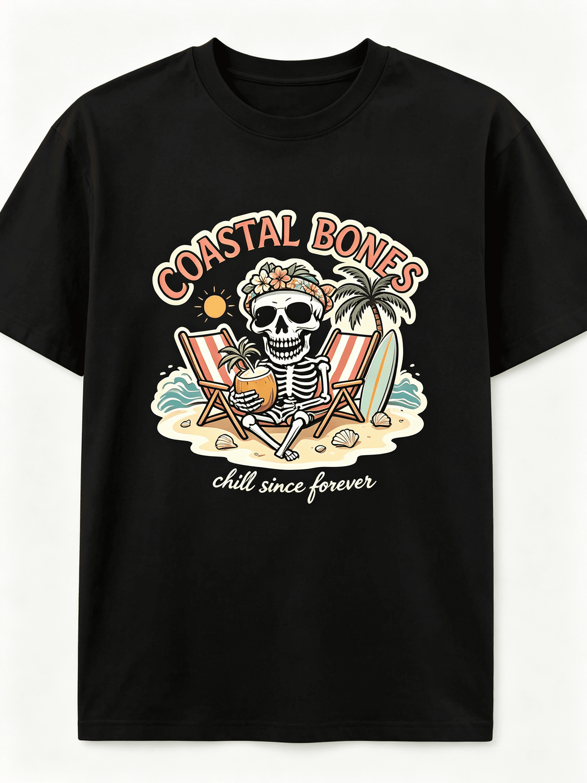 Retro Summer Coastal Graphic Tee Coastal Bones Chill Since Forever Hawaiian Aloha Skeleton Beach Chair Palm Tree Seashell Print All Seasons Casual Short Sleeve T Shirt