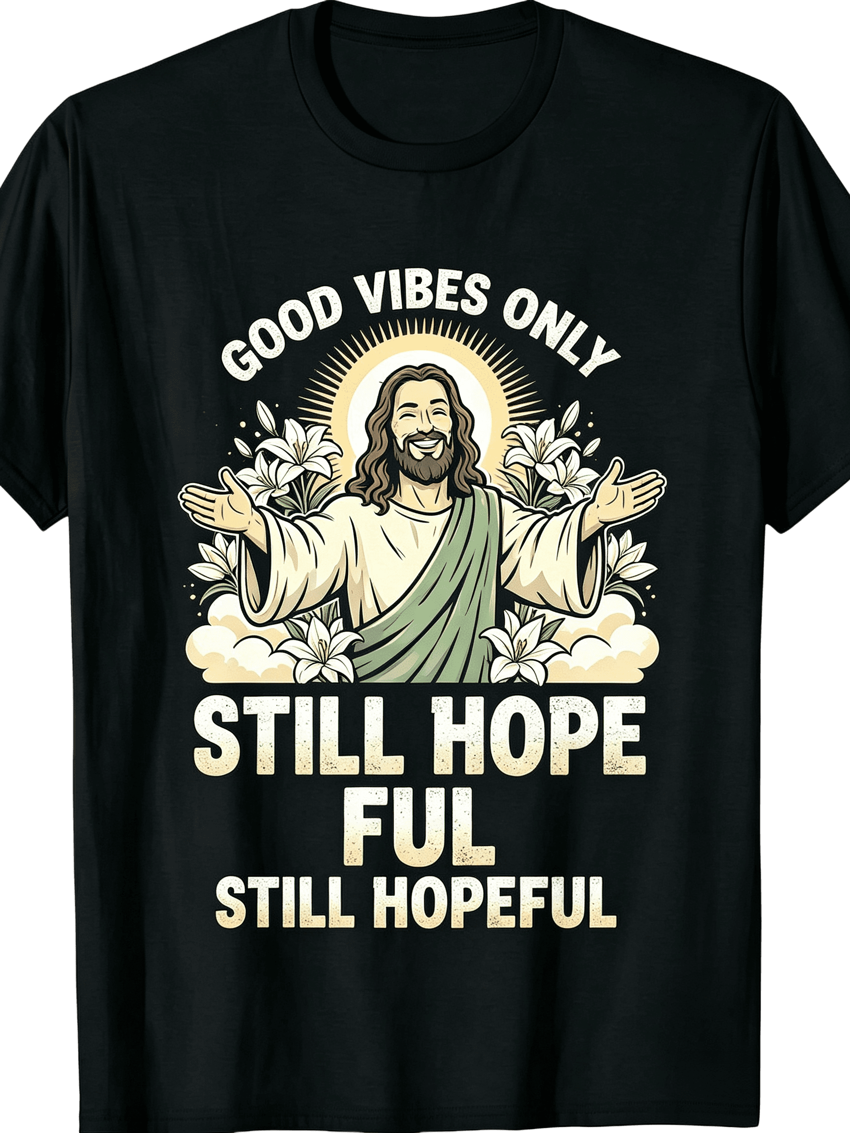 Retro Sunburst Halo Jesus Floral Print Round Neck T-Shirt, Good Vibes Only Still Hopeful Inspirational Faith Tee, Lightweight All Season Casual Gift for Believers