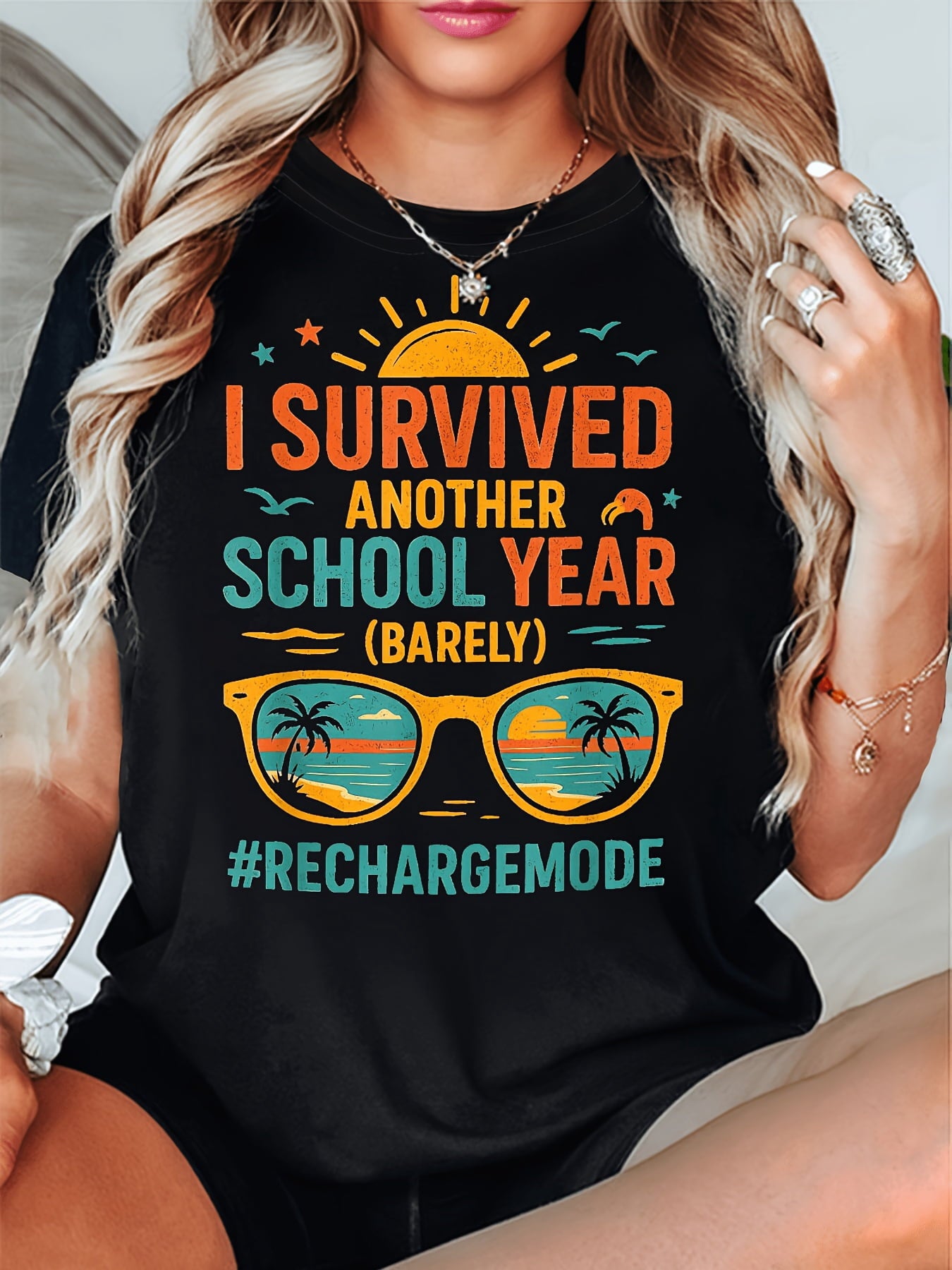 Retro Teacher Summer Vacation T-Shirt I Survived Another School Year Beach Sunglasses Graphic Tee