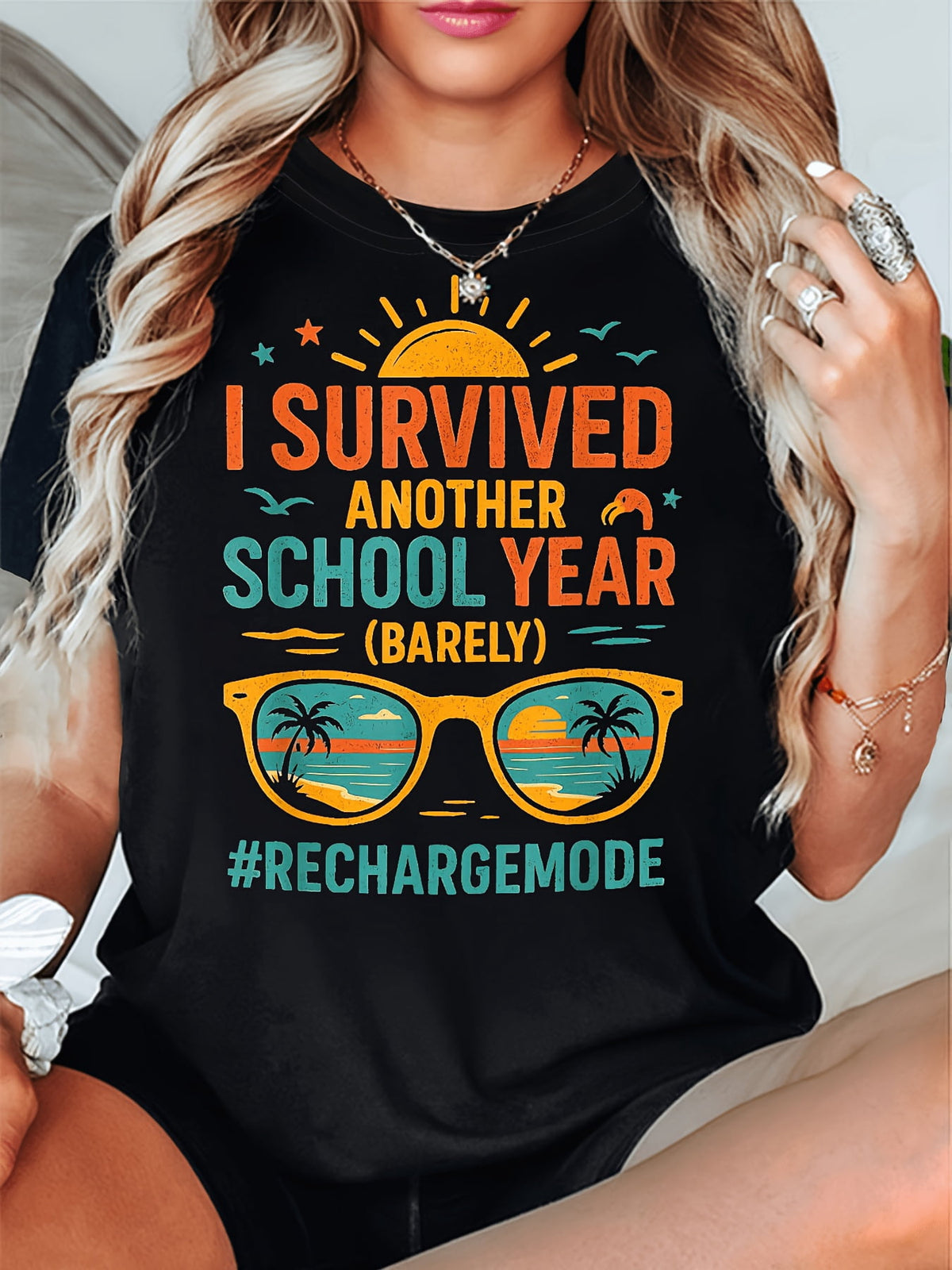 Retro Teacher Summer Vacation T-Shirt I Survived Another School Year Beach Sunglasses Graphic Tee