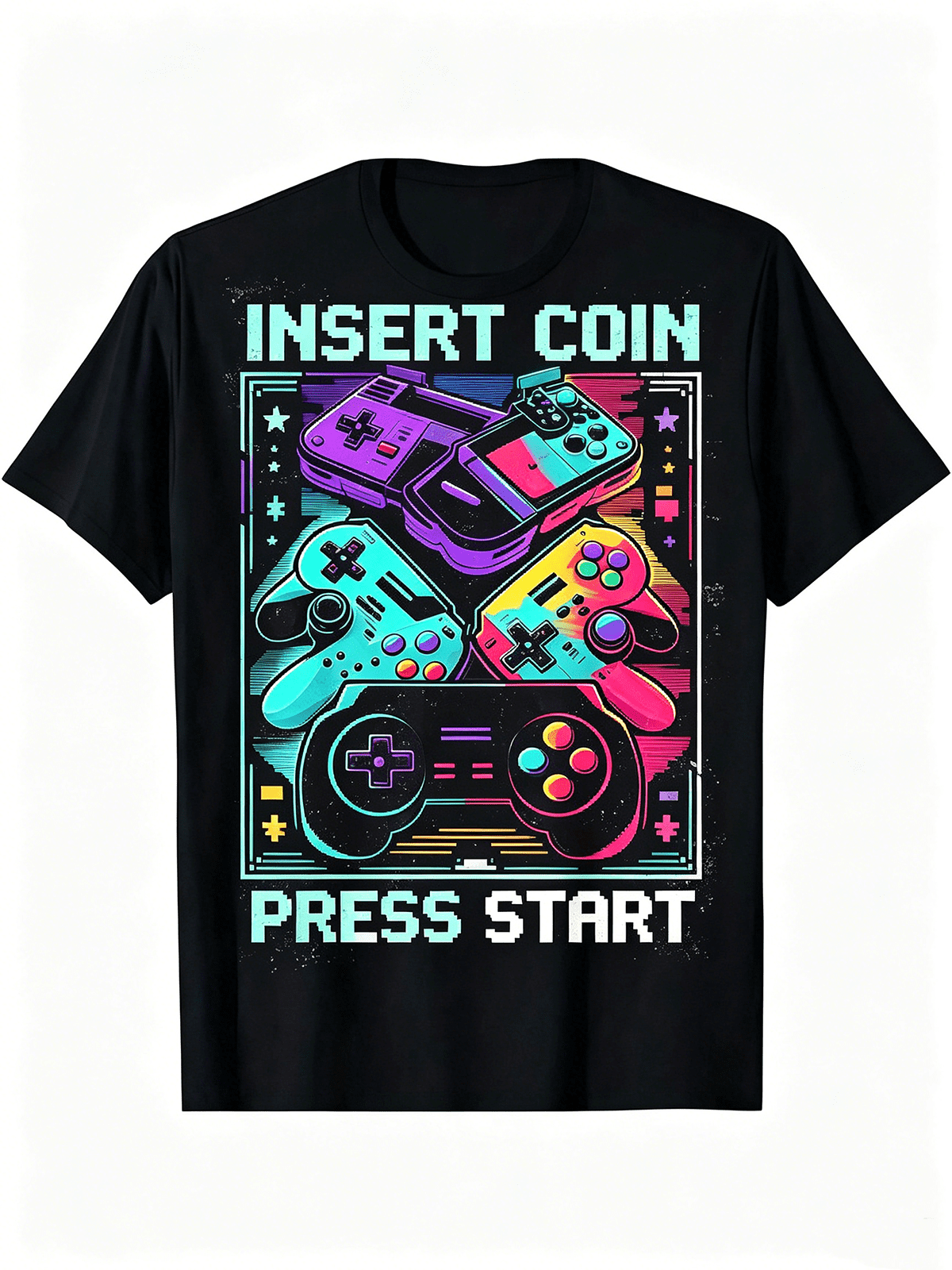 Retro Video Game Controller Insert Coin Press Start Graphic T-Shirt Gamer Casual Top