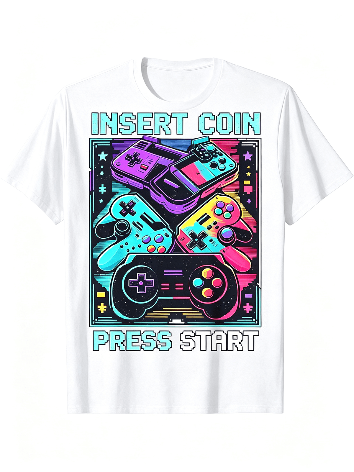 Retro Video Game Controller Insert Coin Press Start Graphic T-Shirt Gamer Casual Top