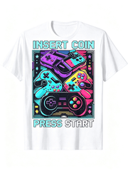 Retro Video Game Controller Insert Coin Press Start Graphic T-Shirt Gamer Casual Top