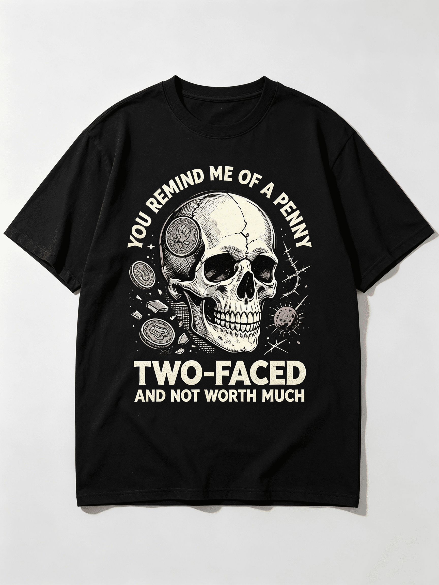 Retro Vintage Penny Coin Cracked Skull Pastel Punk Thorn Dark Humor Sarcastic Novelty Tee