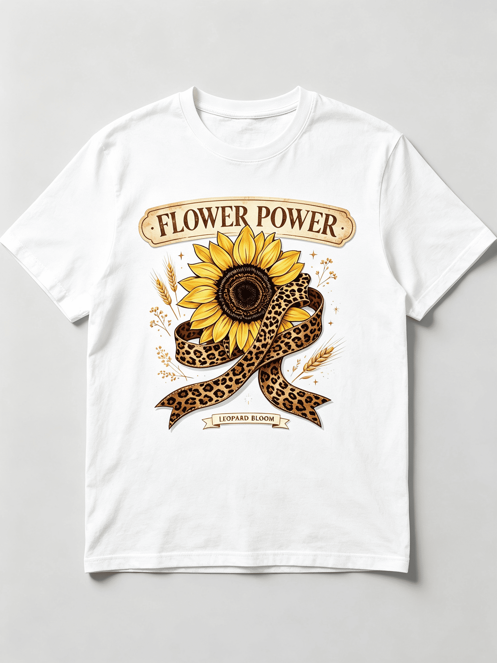 Retro Western Leopard Bloom Sunflower Floral Country Boho Cottage Novelty Casual Tee