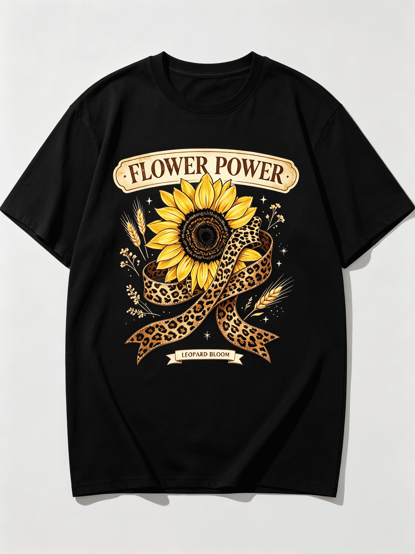 Retro Western Leopard Bloom Sunflower Floral Country Boho Cottage Novelty Casual Tee