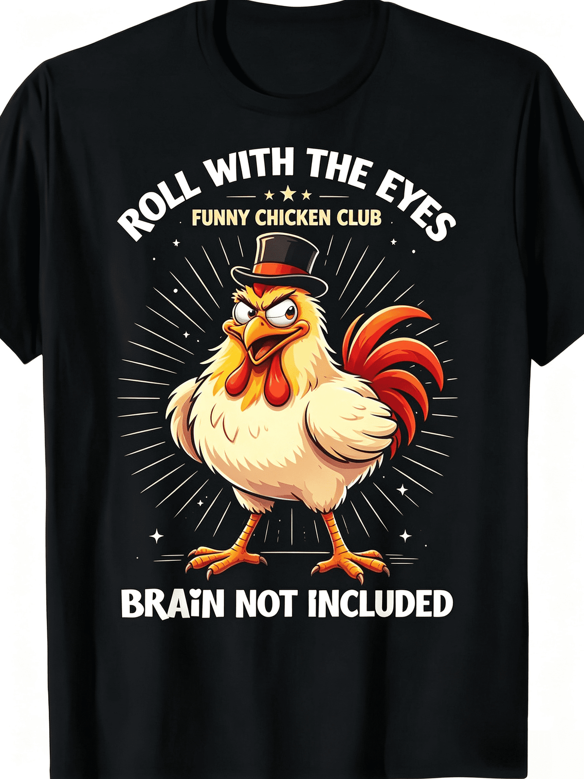 Roll With The Eyes Brain Not Included Top Hat Rooster Graphic T-Shirt