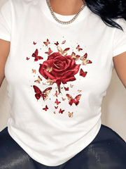 Rose Floral Print, Comfortable Crewneck T-shirt, Machine Washable, Suitable for All Seasons