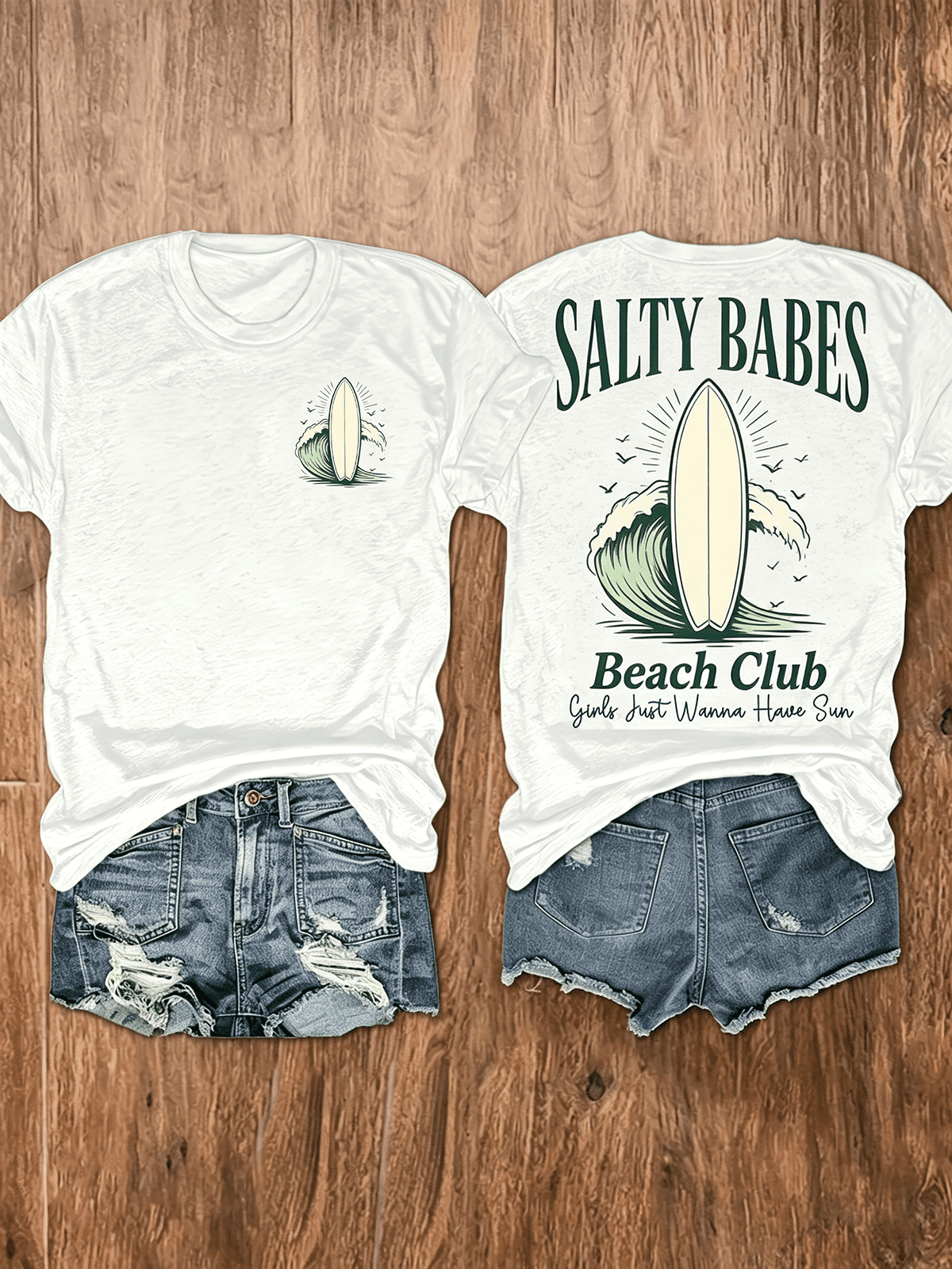 Salty Babes Beach Club Surfboard Double Sided T-Shirt, Retro Ocean Wave Summer Beach Girls Vacation Graphic Tee