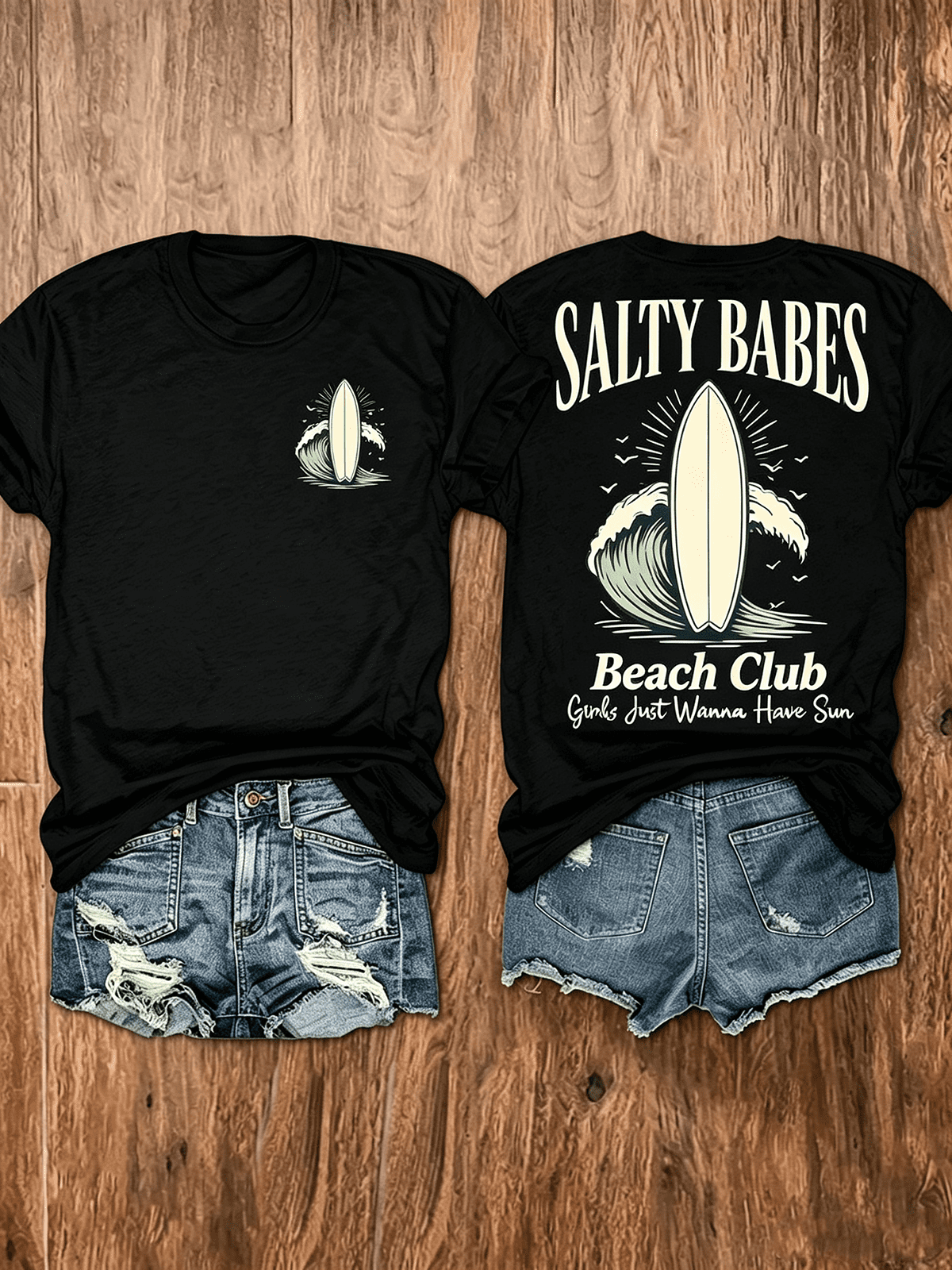 Salty Babes Beach Club Surfboard Double Sided T-Shirt, Retro Ocean Wave Summer Beach Girls Vacation Graphic Tee