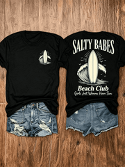 Salty Babes Beach Club Surfboard Double Sided T-Shirt, Retro Ocean Wave Summer Beach Girls Vacation Graphic Tee