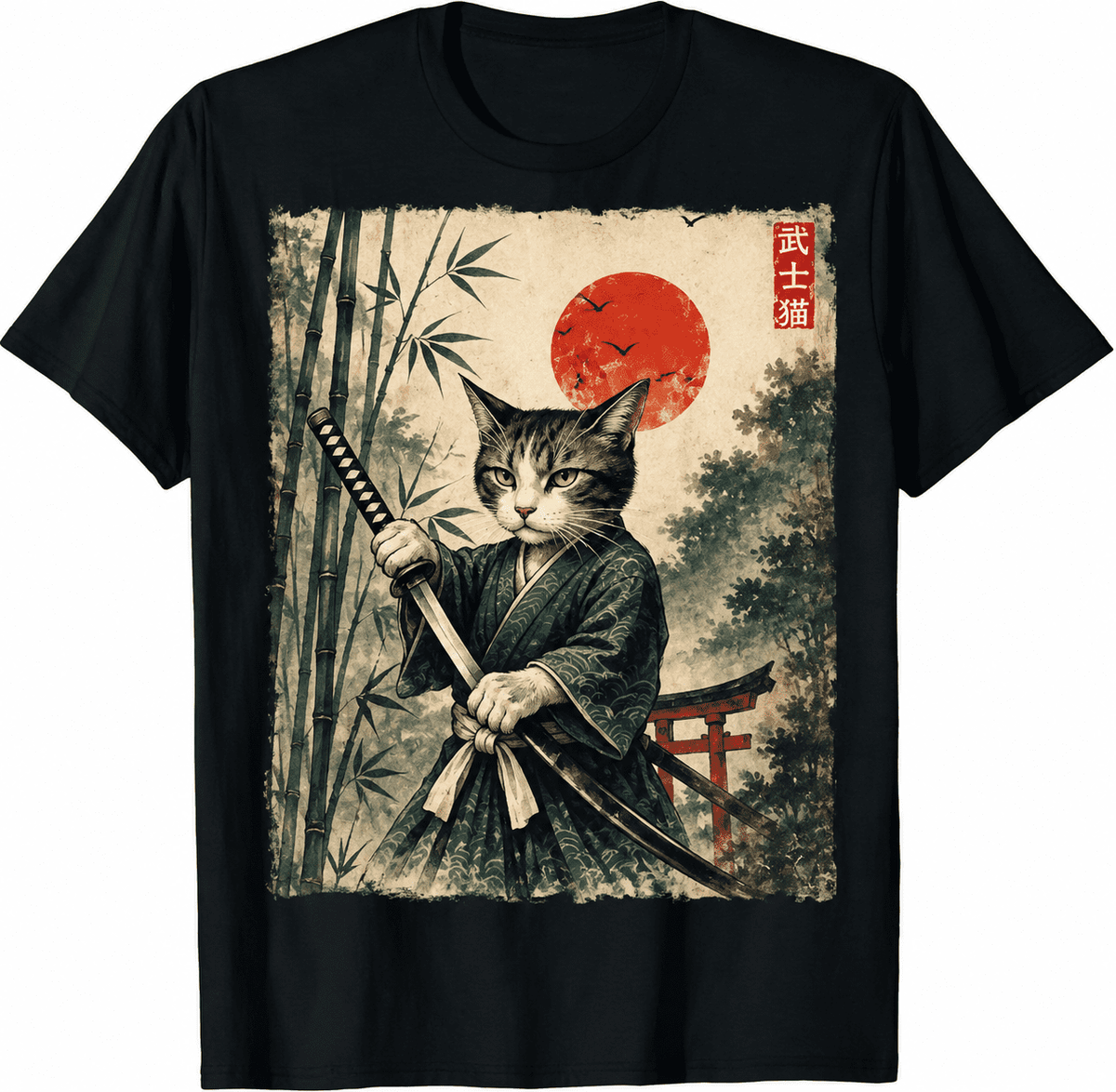 Samurai Cat Japanese Art Funny Graphic Tee Anime T-Shirt-100% Cotton