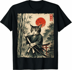 Samurai Cat Japanese Art Funny Graphic Tee Anime T-Shirt-100% Cotton