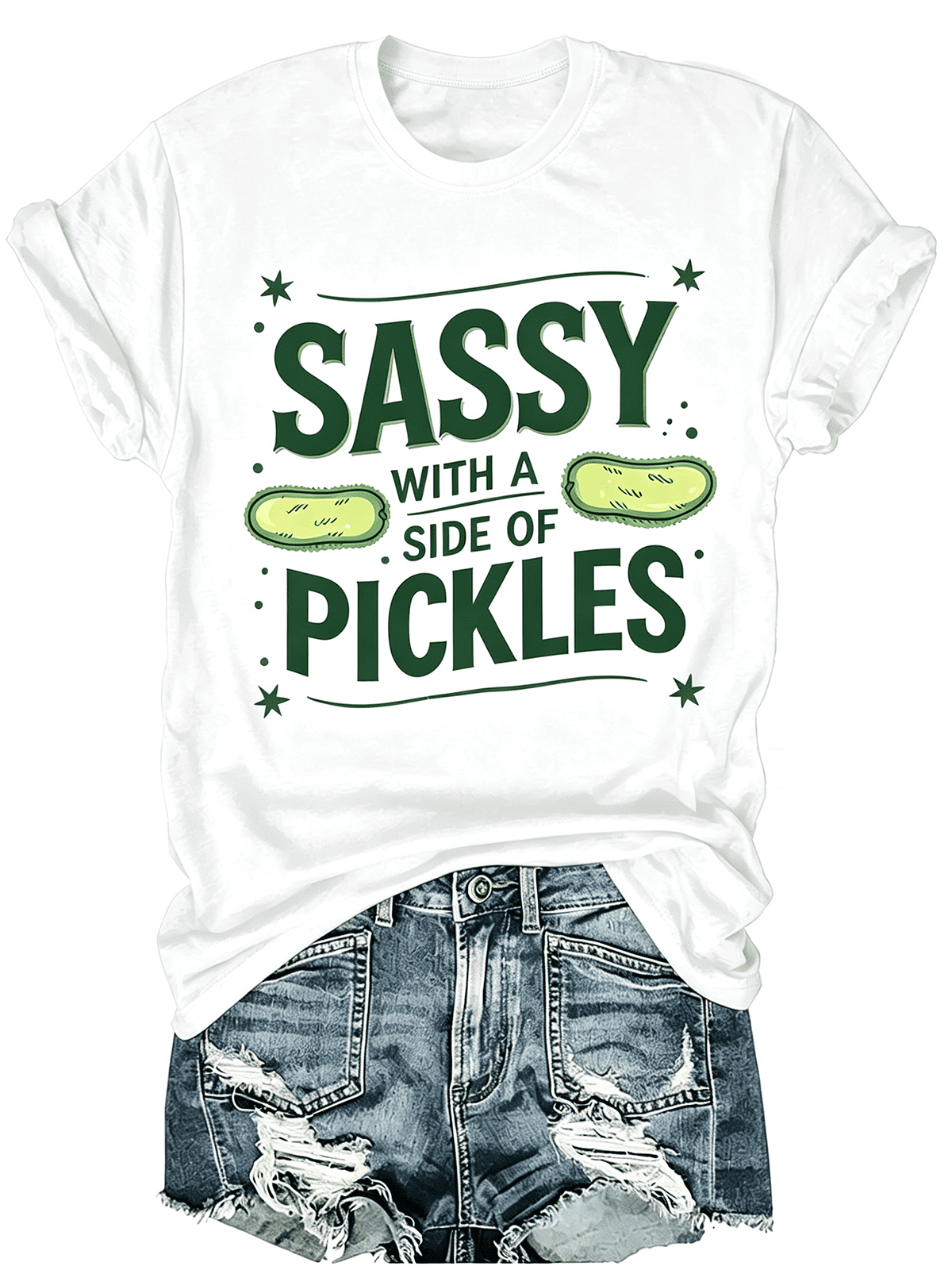 Sassy With A Side Of Pickles Cute Cartoon Pickle Graphic T-Shirt, Funny Food Lover Sarcastic Quote Casual Short Sleeve Tee For Women
