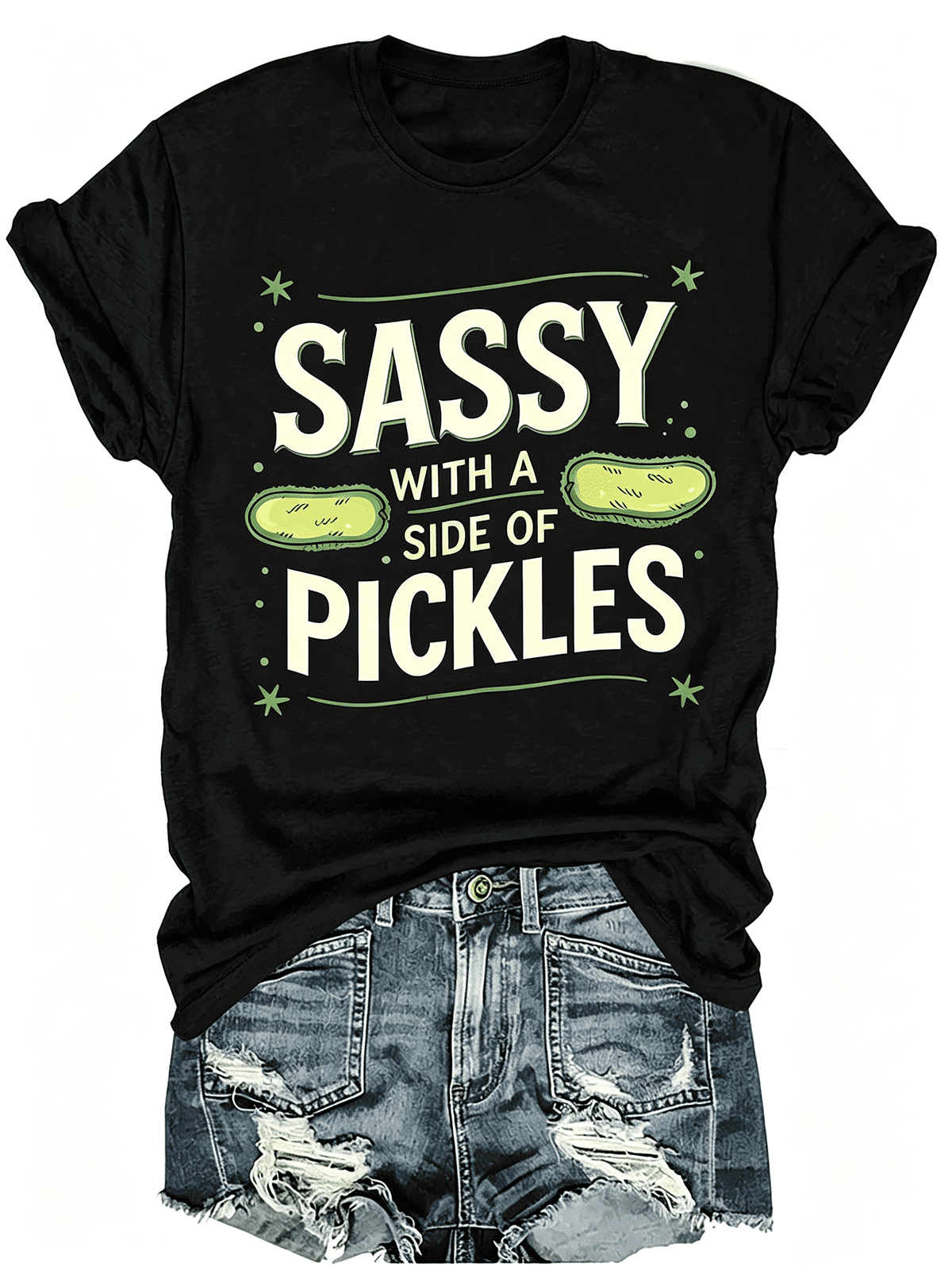 Sassy With A Side Of Pickles Cute Cartoon Pickle Graphic T-Shirt, Funny Food Lover Sarcastic Quote Casual Short Sleeve Tee For Women
