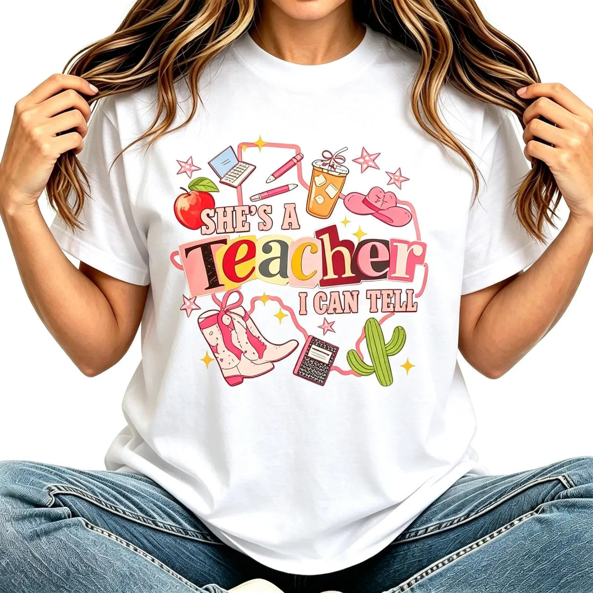 She’s A Teacher I Can Tell Western Classroom Art Tee T-Shirt Short Sleeve for Back To School Teacher Gift