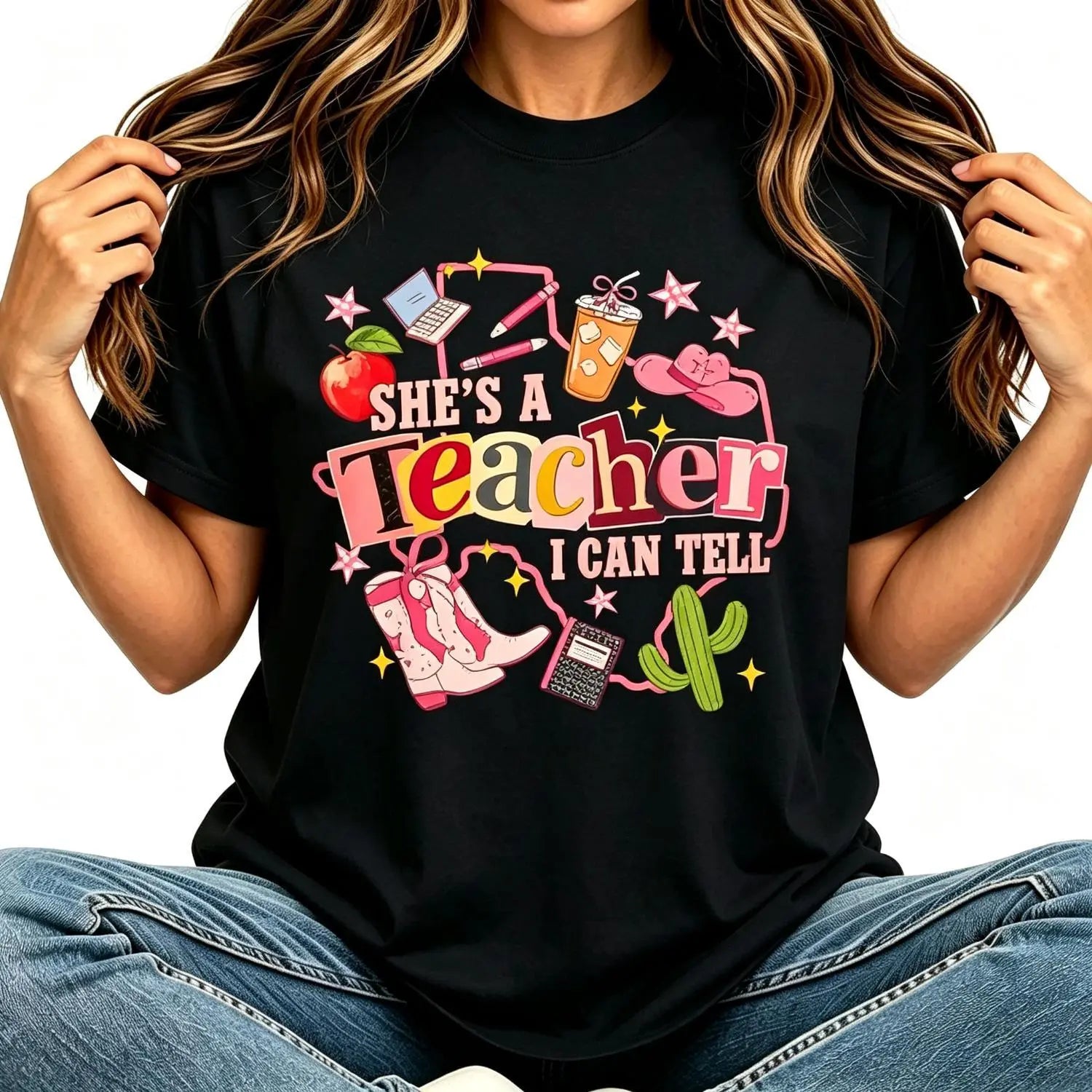 She’s A Teacher I Can Tell Western Classroom Art Tee T-Shirt Short Sleeve for Back To School Teacher Gift