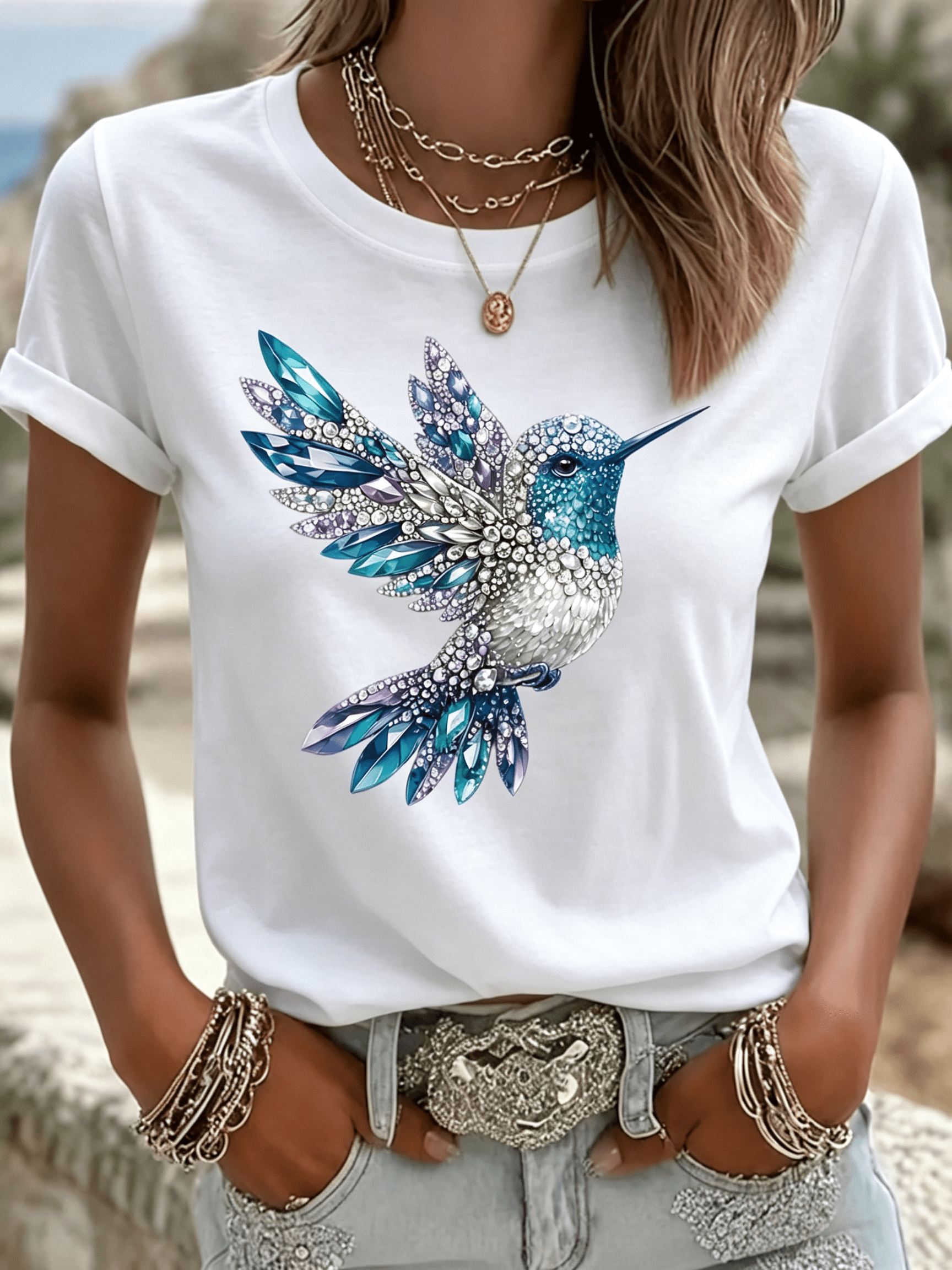 Short-sleeved T-shirt featuring a hummingbird print; regular fit with a crew neck; designed for women, suitable for spring and summer wear.