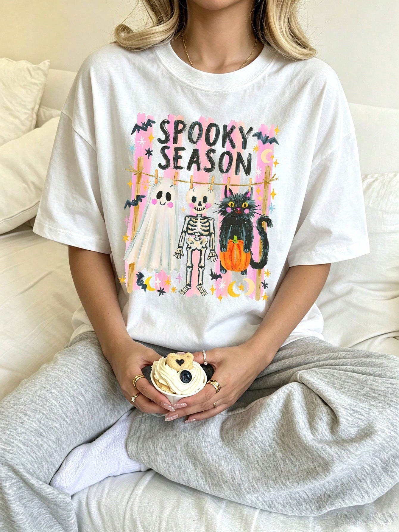 Spooky Season Cute Ghost Skeleton Black Cat Graphic Tee Halloween Preppy Aesthetic Graphic Short Sleeve Fall Party Outfits