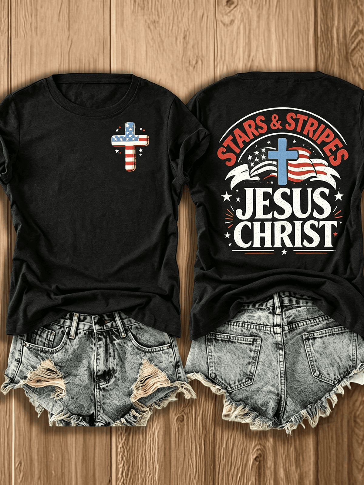 Stars & Stripes Jesus Christ American Flag Cross Front Back Print T-Shirt Patriotic Christian Faith Tee