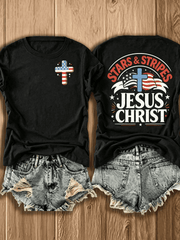 Stars & Stripes Jesus Christ American Flag Cross Front Back Print T-Shirt Patriotic Christian Faith Tee