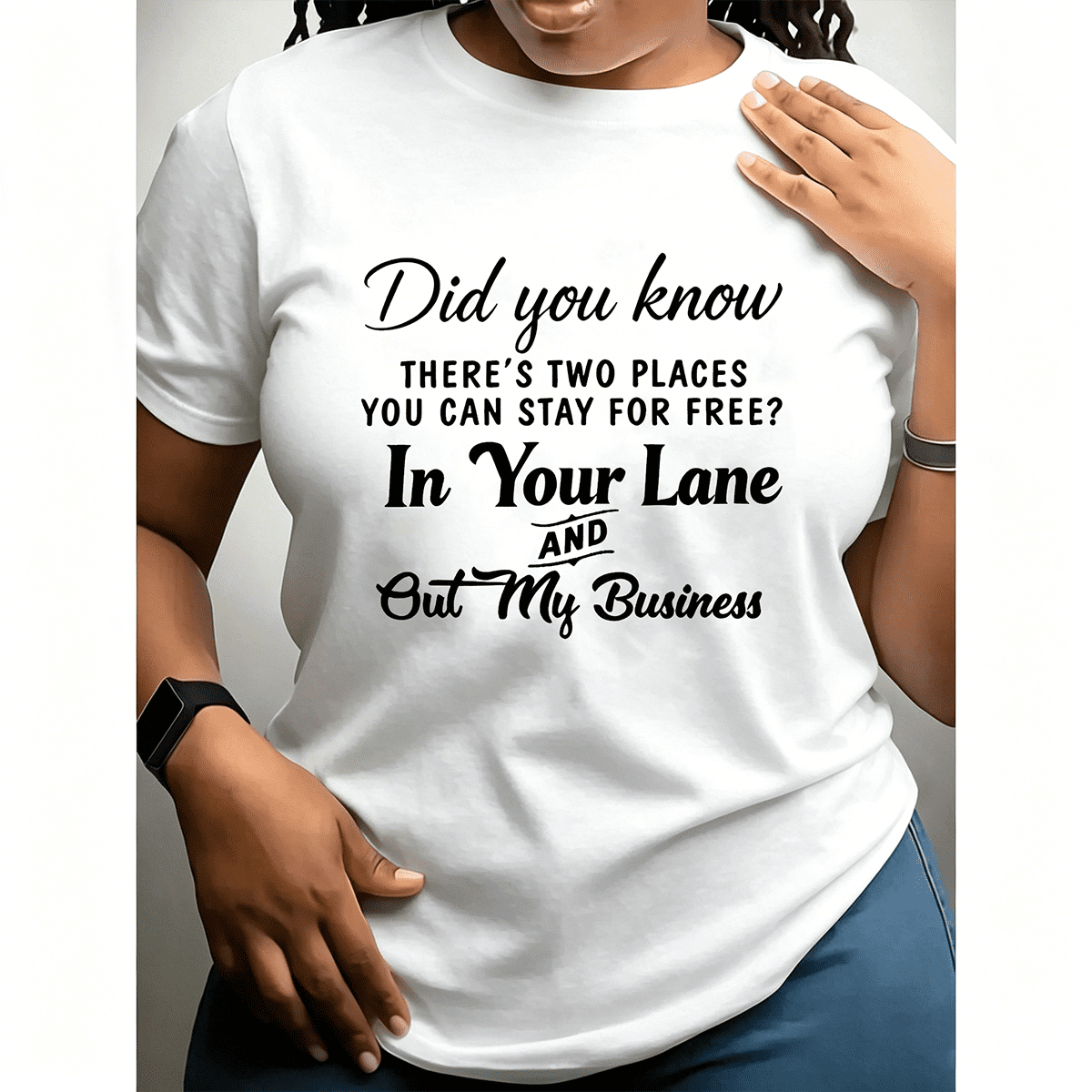 Stay In Your Lane Mind Your Own Business Sassy Funny Quote T-Shirt, Trendy Minimal Text Graphic Short Sleeve Top For Women