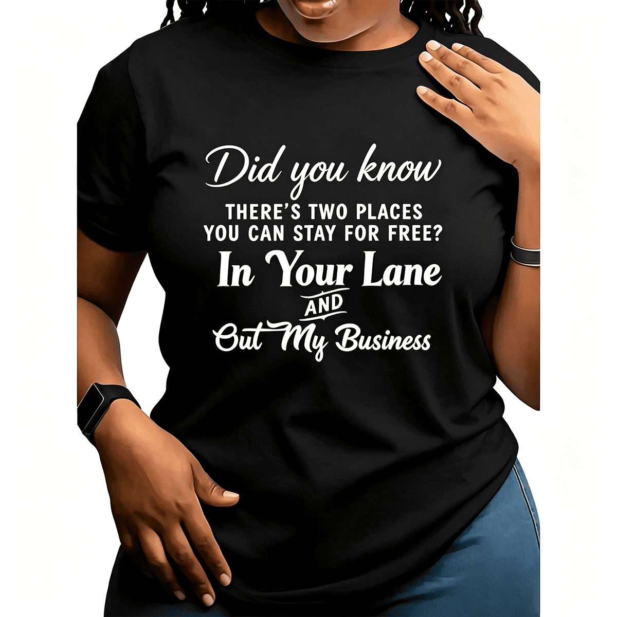 Stay In Your Lane Mind Your Own Business Sassy Funny Quote T-Shirt, Trendy Minimal Text Graphic Short Sleeve Top For Women