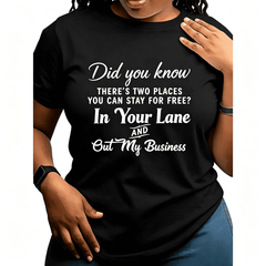 Stay In Your Lane Mind Your Own Business Sassy Funny Quote T-Shirt, Trendy Minimal Text Graphic Short Sleeve Top For Women