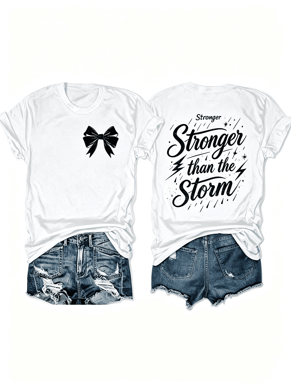 “Stronger Than the Storm” Front Bow Back Print T-Shirt – Inspirational Resilience Tee for Women, Motivational Casual Top