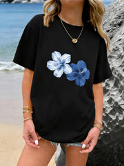Summer Beach Casual Tee, Two Shades Blue Hibiscus Flower Tropical Floral Print Crew Neck Short Sleeve T-Shirt for Vacation