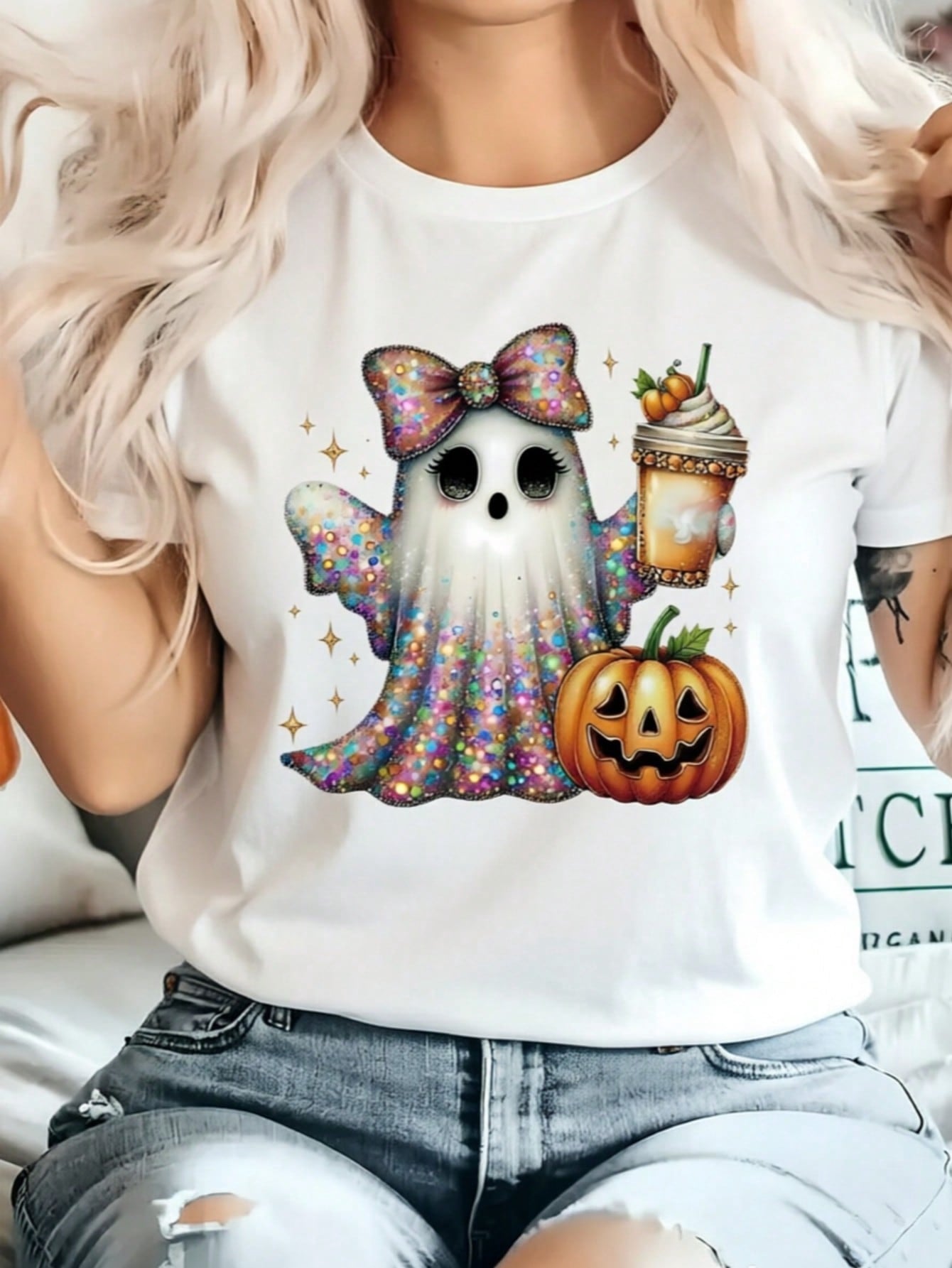 Summer Plus Size Women Halloween Ghost Pumpkin Bow Jack O Lantern Print Crew Neck Short Sleeve Tee