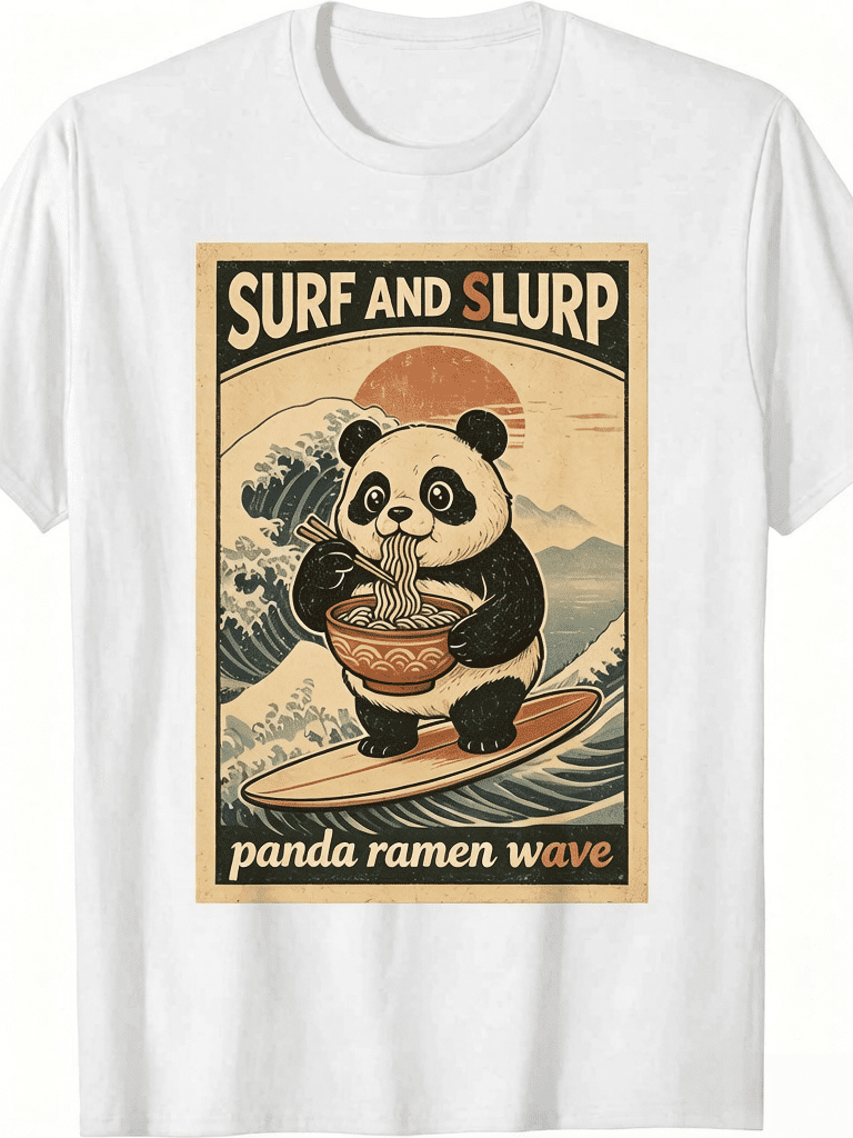 Surf And Slurp Panda Ramen Wave Graphic T-Shirt Vintage Ukiyo-E Great Wave Panda Surfing Eating Ramen Retro Japanese Food Surf Casual Short Sleeve Tee