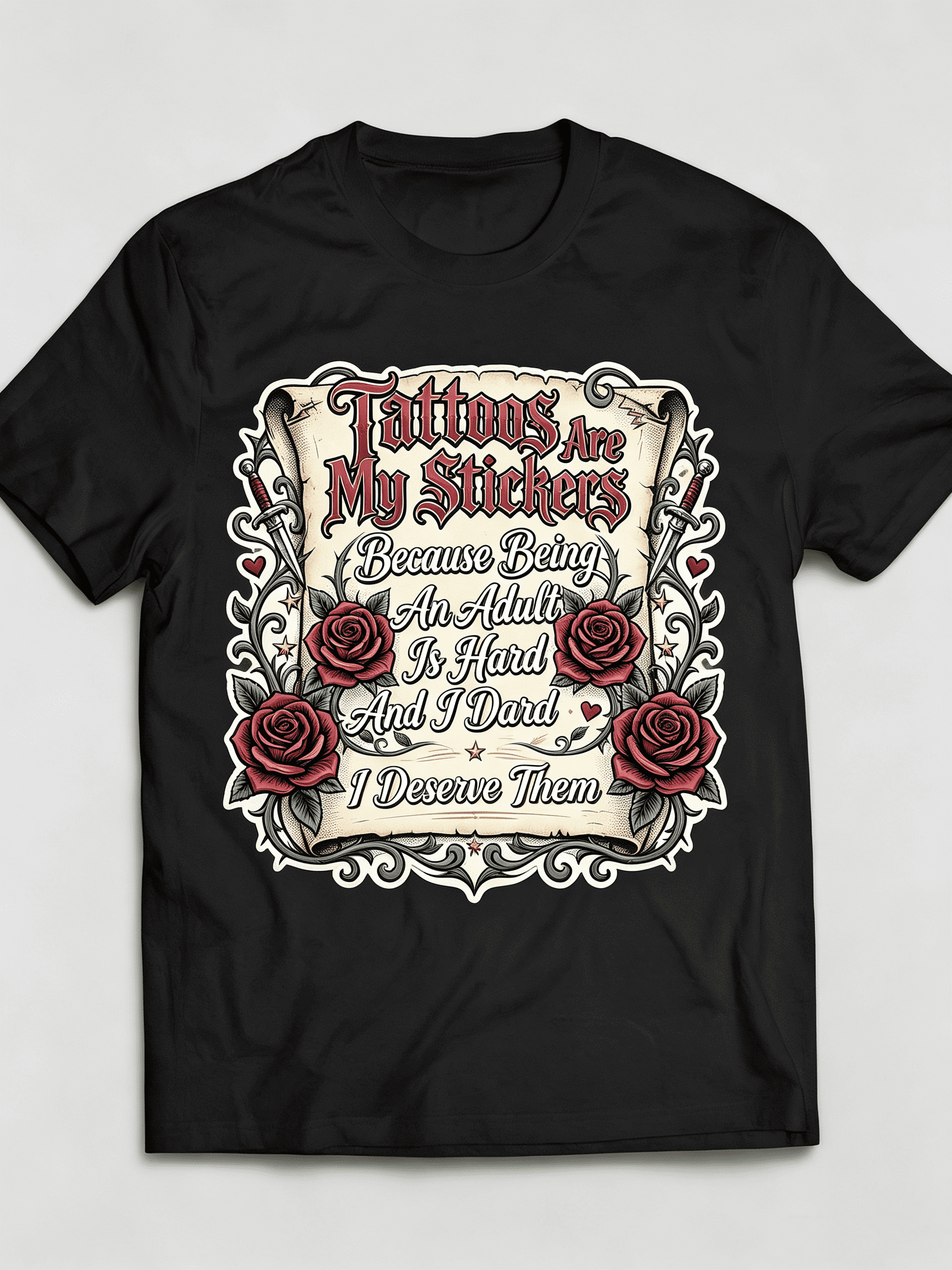Tattoos Are My Stickers Because Being An Adult Is Hard Vintage Scroll Rose Dagger Traditional Tattoo Graphic Unisex T-Shirt