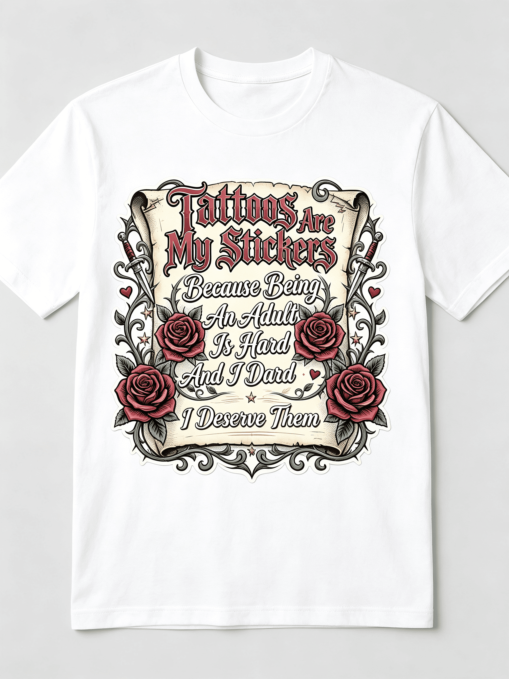 Tattoos Are My Stickers Because Being An Adult Is Hard Vintage Scroll Rose Dagger Traditional Tattoo Graphic Unisex T-Shirt