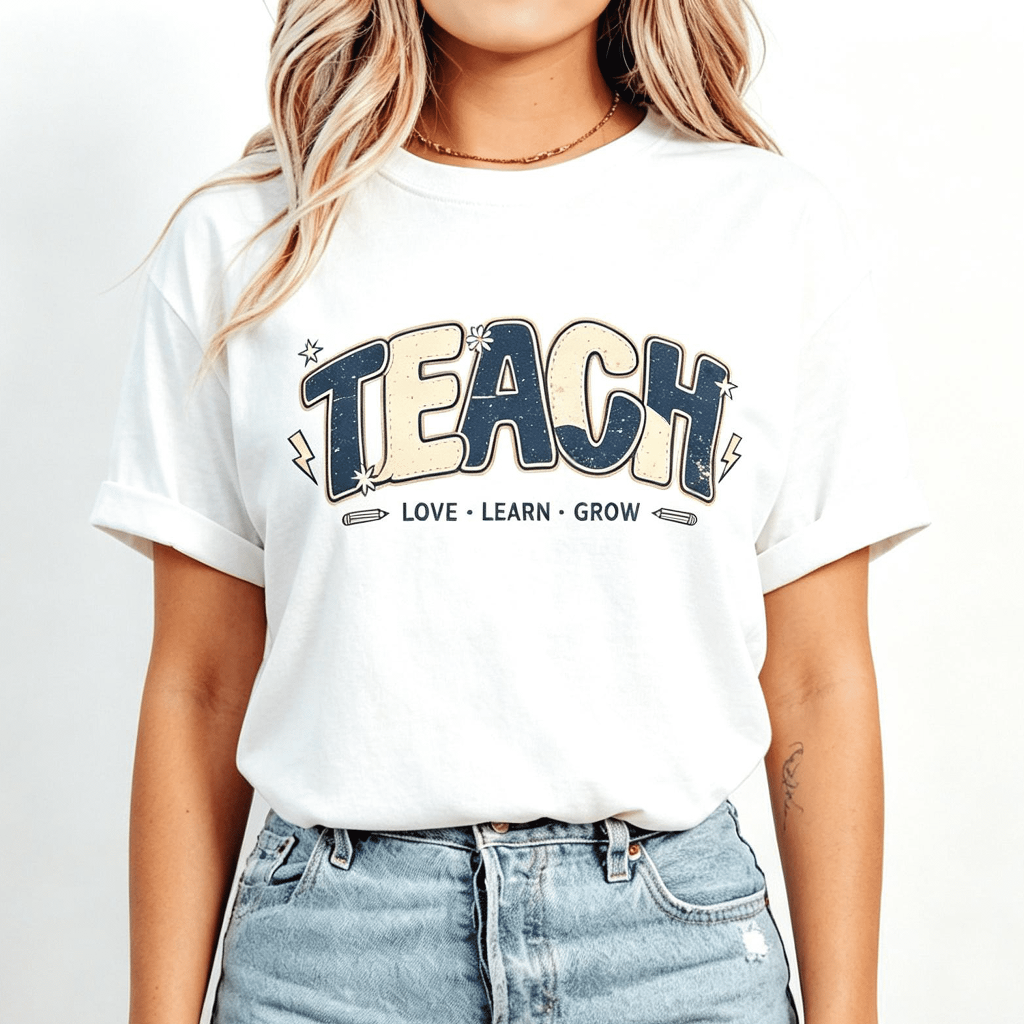 “Teach Love Learn Grow” Retro Teacher T-Shirt – Cute Vintage Graphic Tee, Teacher Appreciation Gift for Women Men, 100% Cotton