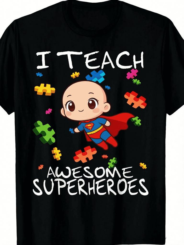 Teacher Autism Awareness Graphic T-Shirt, Amazing Superheroes Crew Neck Casual Tee for Special Education Educators