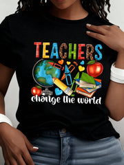 Teacher Print Crew Neck T-Shirt Casual Short Sleeve T-Shirt For Spring Summer Women Clothing