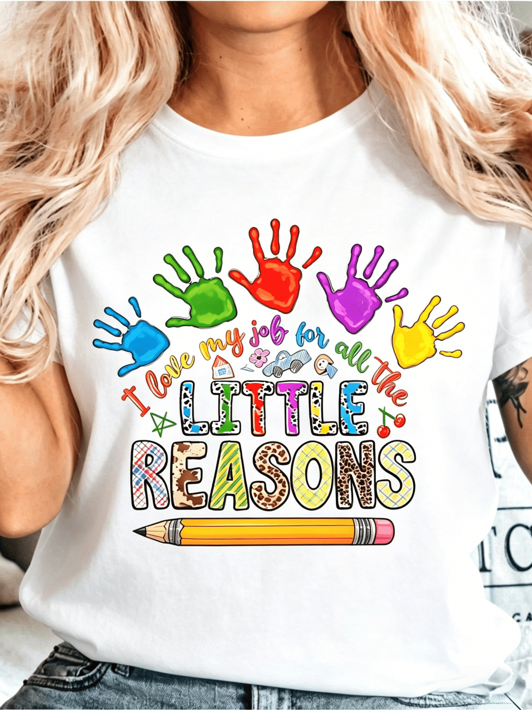 Teacher T-Shirt Soft Everyday Educator Top With Colorful Handprints I Love All The Little Reasons I Work Slogan Black Shirt With Red Green Blue Yellow Prints Casual Teacher Apparel Gift