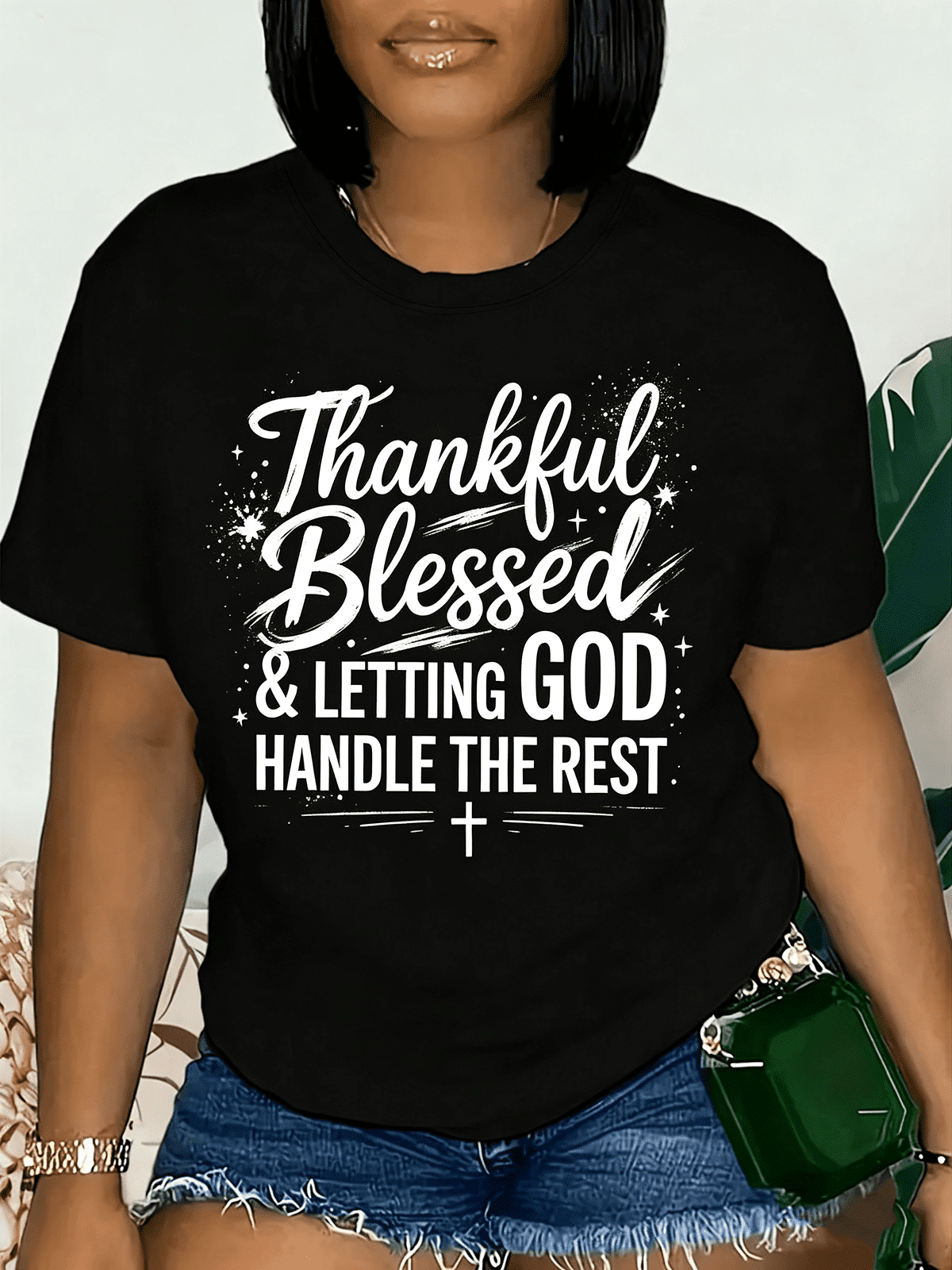 Thankful Blessed And Letting God Handle The Rest Christian Faith T-Shirt, Inspirational Religious Cross Graphic Short Sleeve Tee For Women