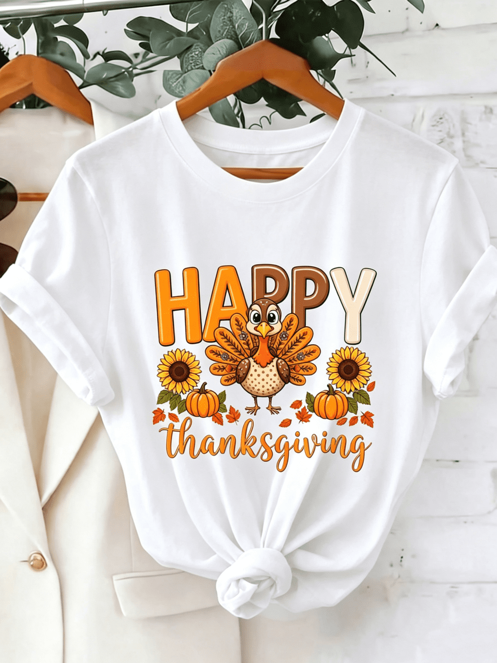 Thanksgiving Turkey Sunflower Pumpkin Print Women Crew Neck T-Shirt, Comfy Short Sleeve Fall Holiday Daily Casual Outfit Top