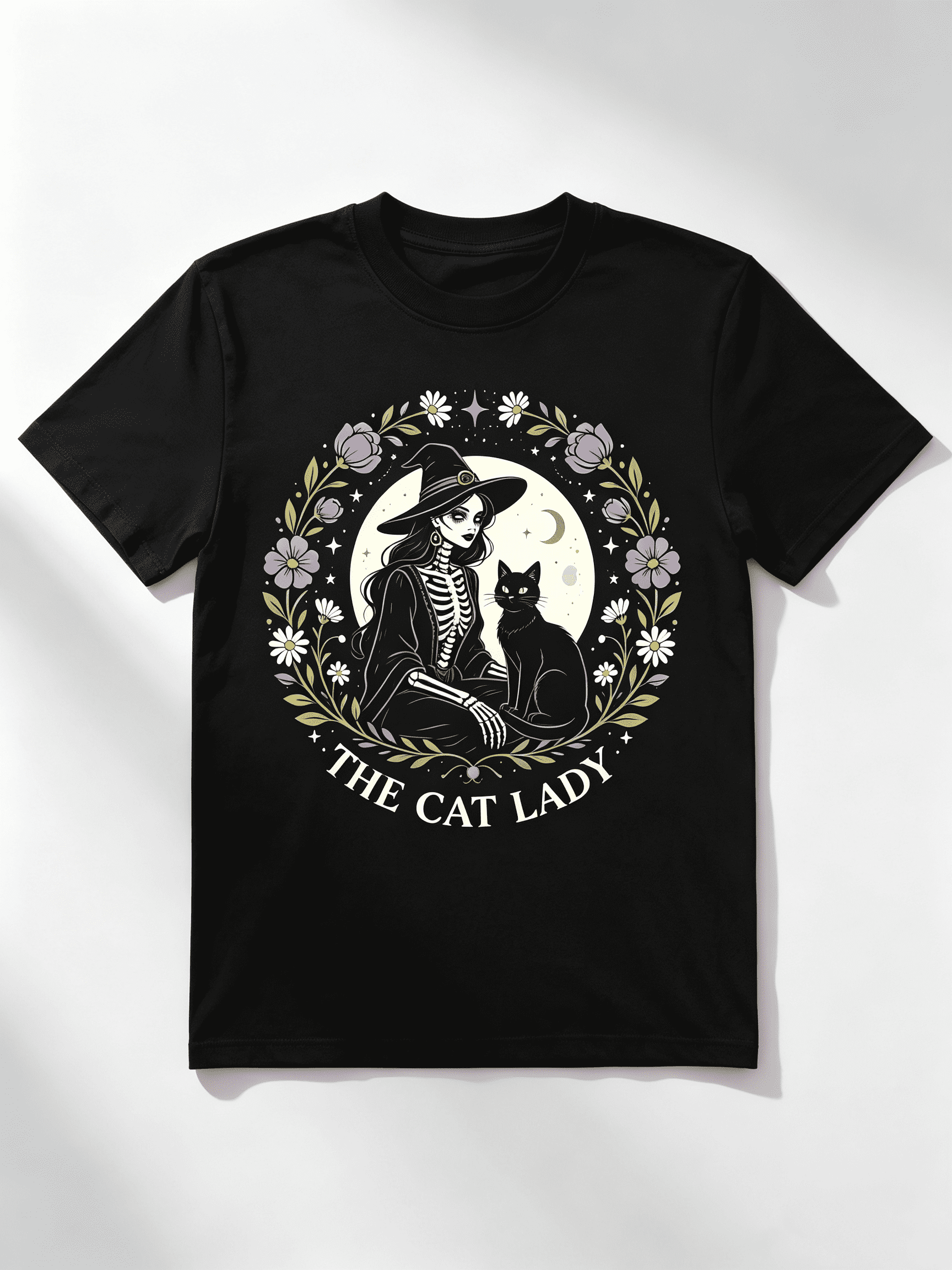 The Cat Lady Skeleton Witch Black Cat Floral Moon Halloween Graphic Women T-Shirt